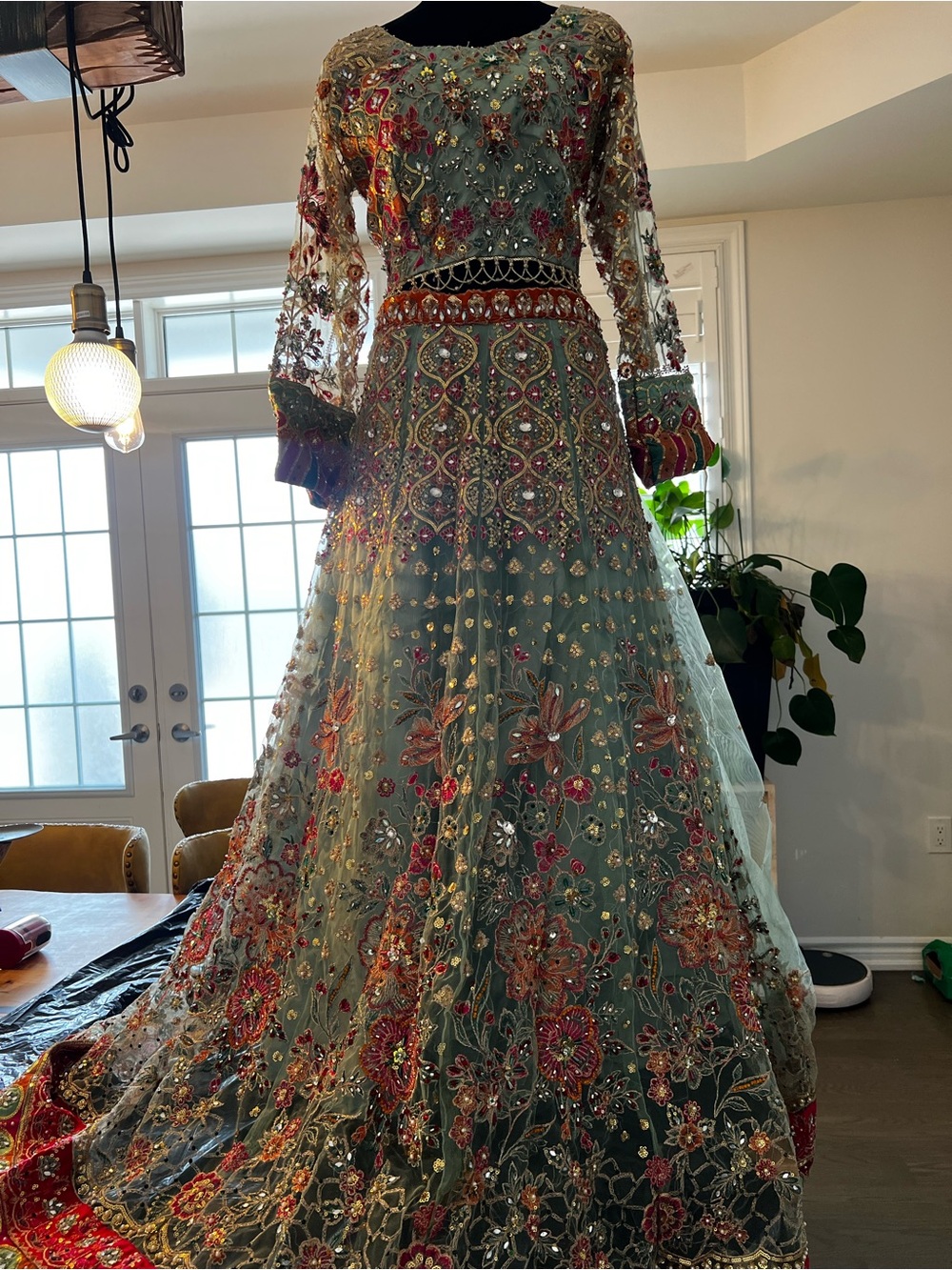 Embellished Sage Green Floral Evening Gown